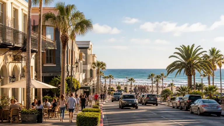 Photoreal hybrid city-and-beach getaway scene with urban waterfront street opening toward sunlit shoreline