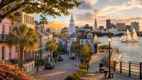 Photoreal East Coast weekend getaway collage-style travel scene with historic street, waterfront city edge, and sunset escape mood