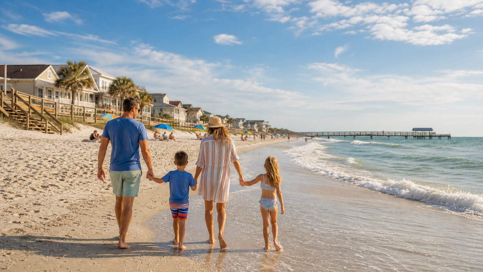 Photoreal family-friendly beach escape with broad shoreline, gentle surf, and relaxed vacation atmosphere