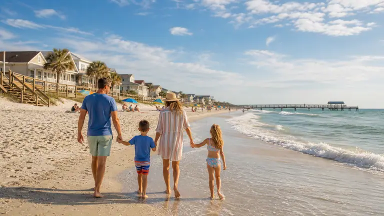 Photoreal family-friendly beach escape with broad shoreline, gentle surf, and relaxed vacation atmosphere