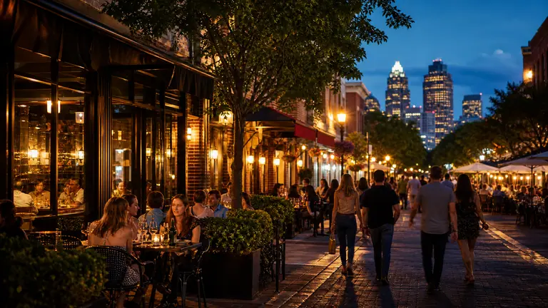 Photoreal evening restaurant district with glowing patios and urban food-weekend atmosphere