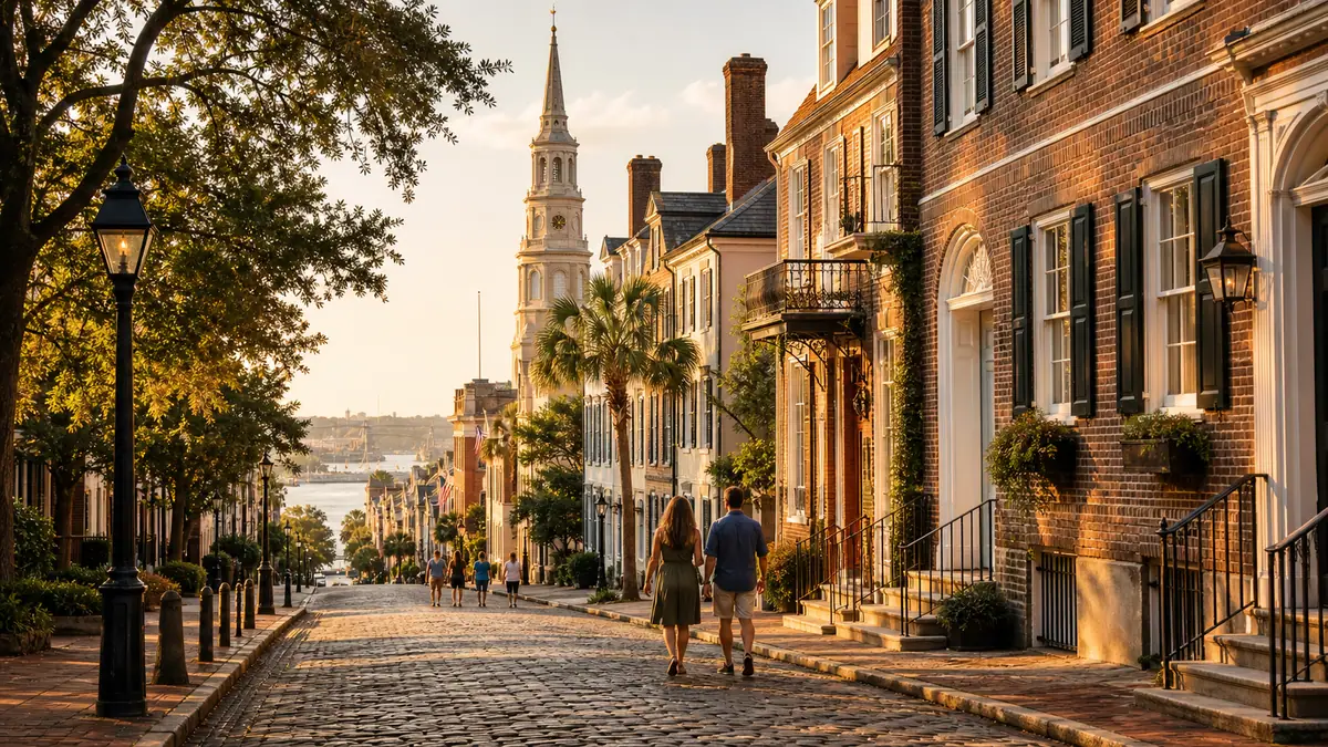 Photoreal historic American streetscape with brick architecture, church spire, and heritage-travel atmosphere