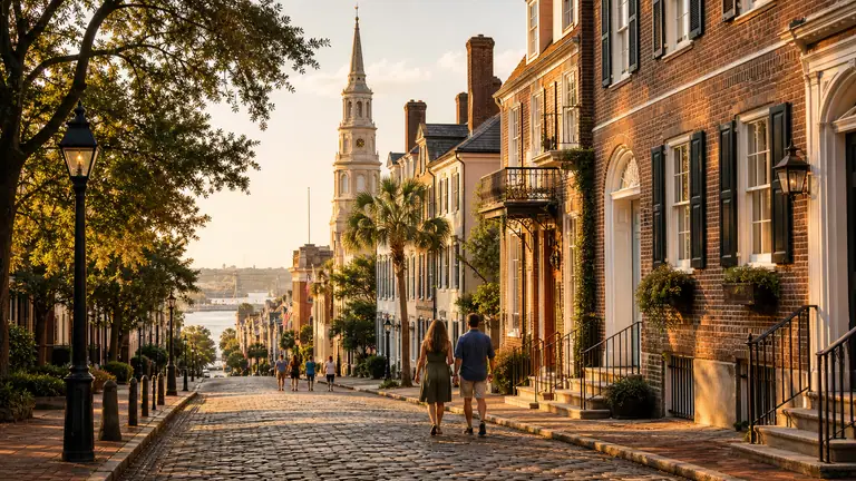 Photoreal historic American streetscape with brick architecture, church spire, and heritage-travel atmosphere