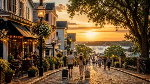 Photoreal long-weekend travel hero with charming city street, scenic water, and relaxed U.S. getaway atmosphere