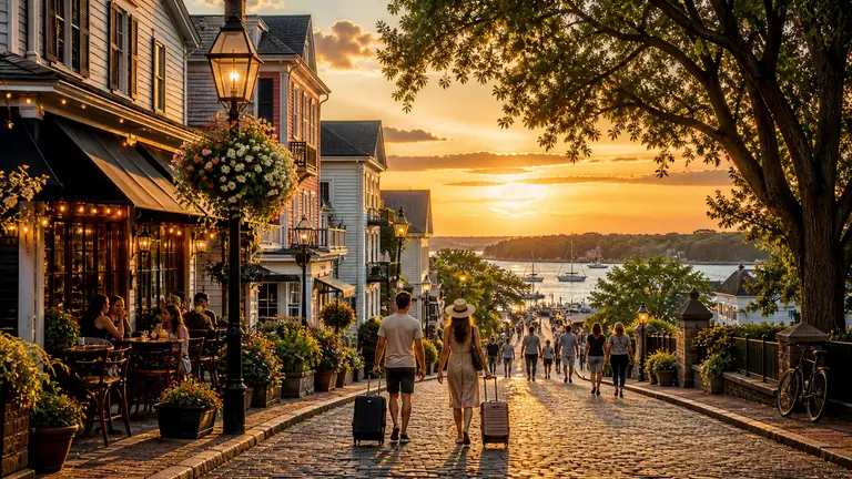 Photoreal long-weekend travel hero with charming city street, scenic water, and relaxed U.S. getaway atmosphere