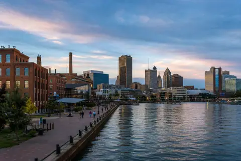 Photoreal Buffalo waterfront skyline and Canalside in evening light