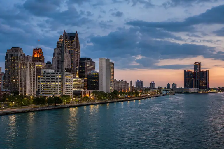 Photoreal Detroit riverfront skyline at blue hour