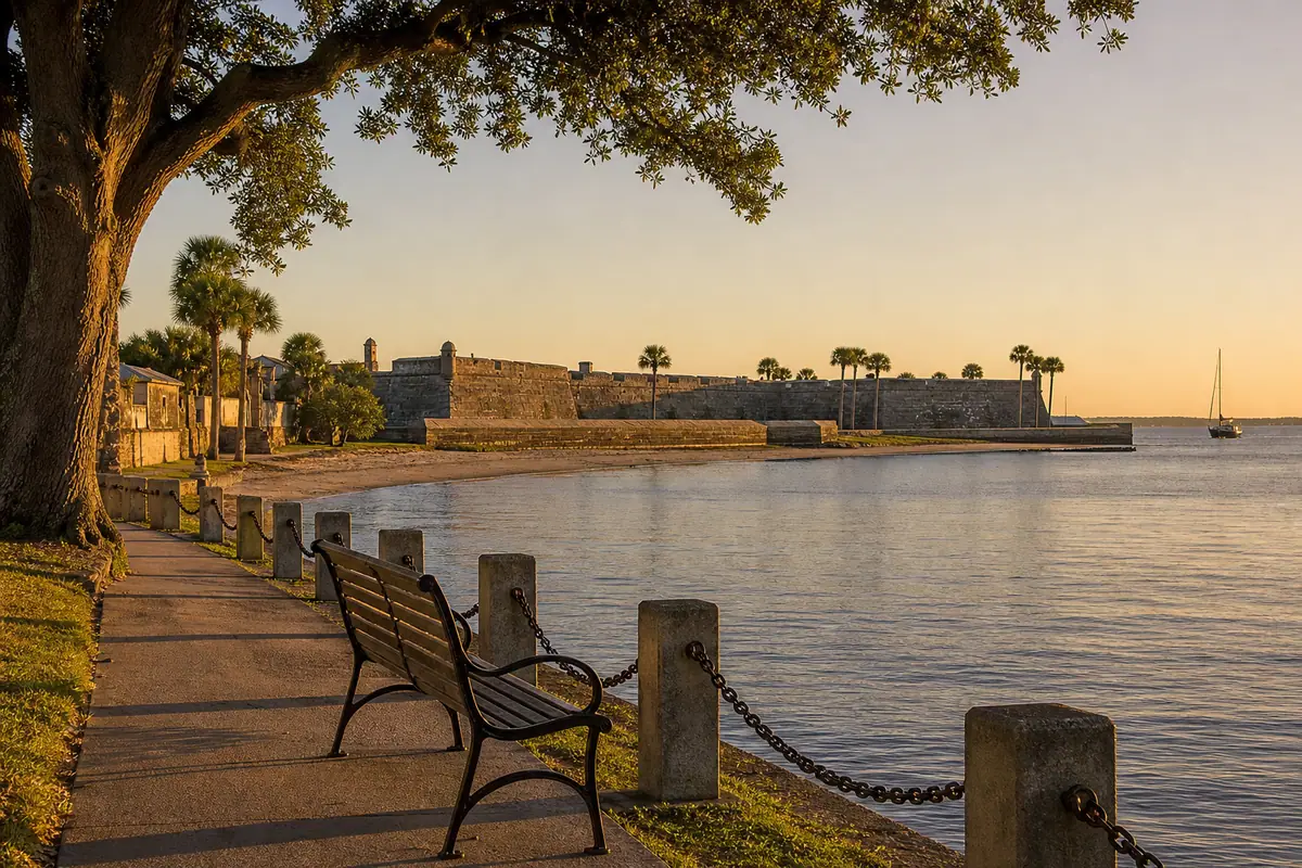 Quiet early morning view of St. Augustine bayfront and Castillo de San Marcos
