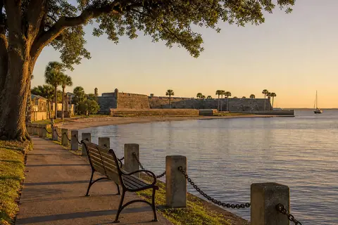 Quiet early morning view of St. Augustine bayfront and Castillo de San Marcos