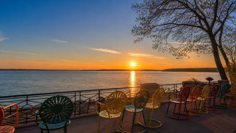 Photoreal Memorial Union Terrace looking over Lake Mendota at sunset