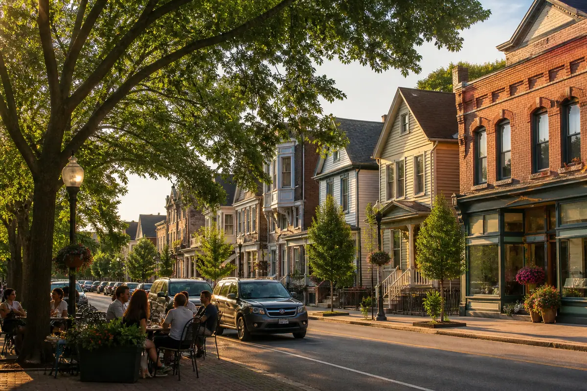 Photoreal Elmwood Village streetscape in Buffalo with historic homes and restaurants