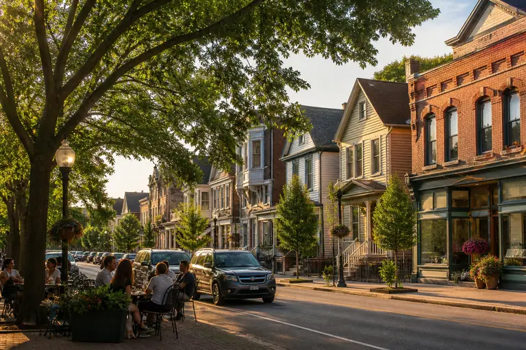 Photoreal Elmwood Village streetscape in Buffalo with historic homes and restaurants