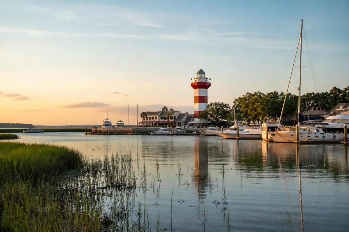 Hilton Head marina and salt marsh in warm late-afternoon light
