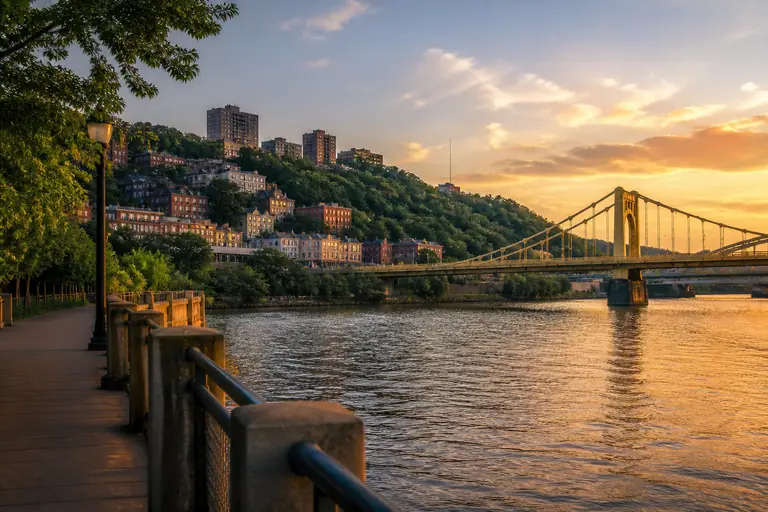 Photoreal Pittsburgh bridge and riverfront street scene