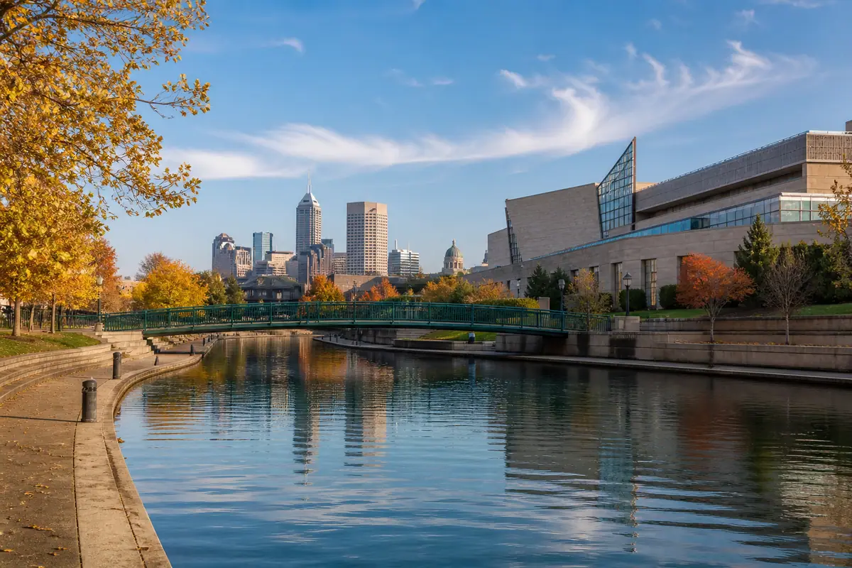 Photoreal Indianapolis canal and downtown skyline in late afternoon