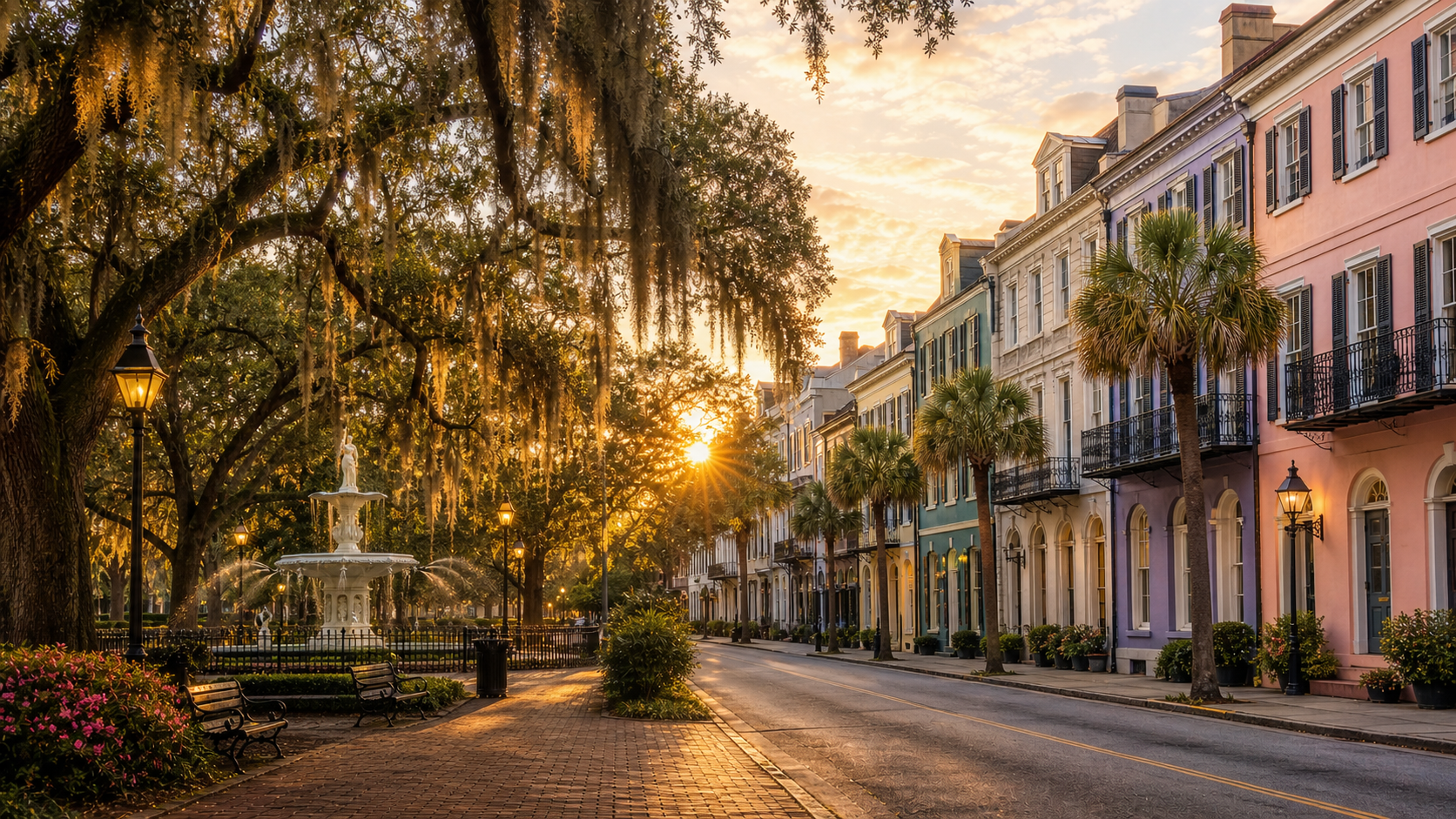 Photoreal blend of Savannah oak-shaded square and Charleston pastel historic street at golden hour
