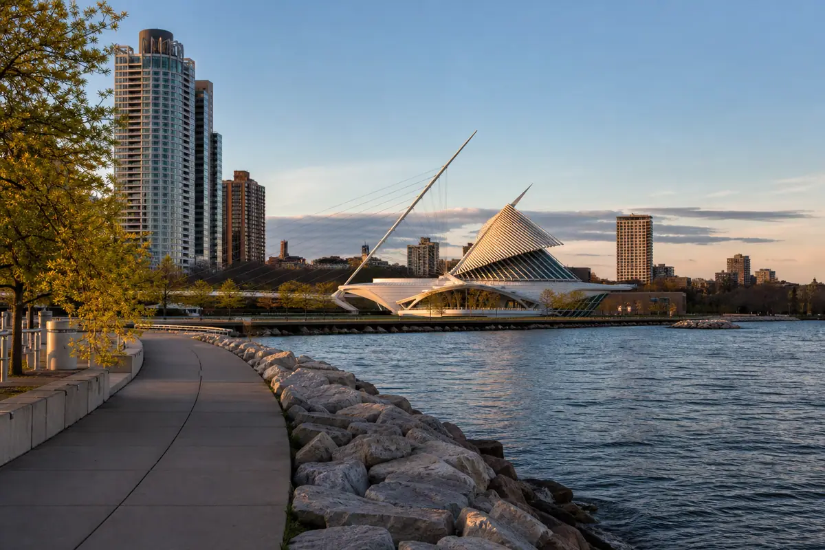 Photoreal Historic Third Ward warehouses and riverwalk in Milwaukee