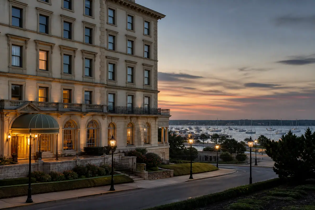 Photoreal historic Newport hotel and harbor travel editorial image