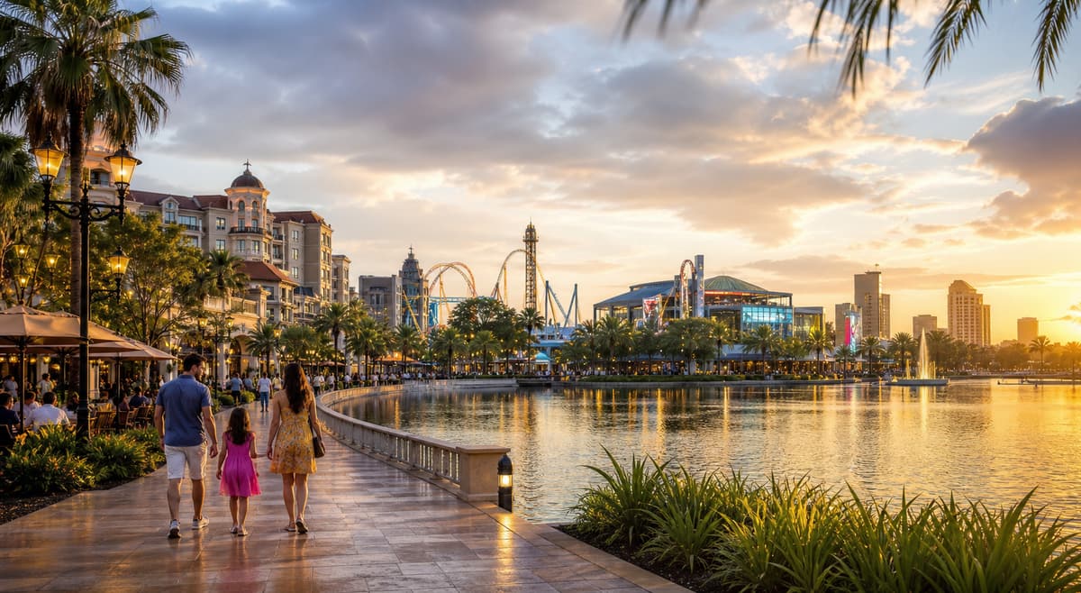 Photoreal Orlando waterfront resort promenade at golden hour with family travelers, palm-lined paths, and layered entertainment-district energy