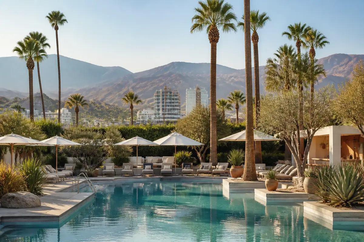 Photoreal editorial image for Where to Stay in Palm Springs: Downtown or a Resort?, inspired by Palm Springs