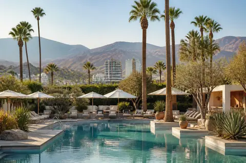 Photoreal editorial image for Where to Stay in Palm Springs: Downtown or a Resort?, inspired by Palm Springs