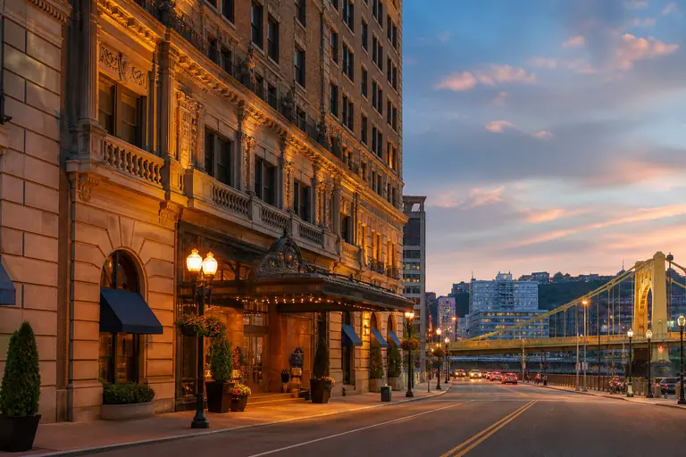 Photoreal downtown Pittsburgh hotel district near the rivers