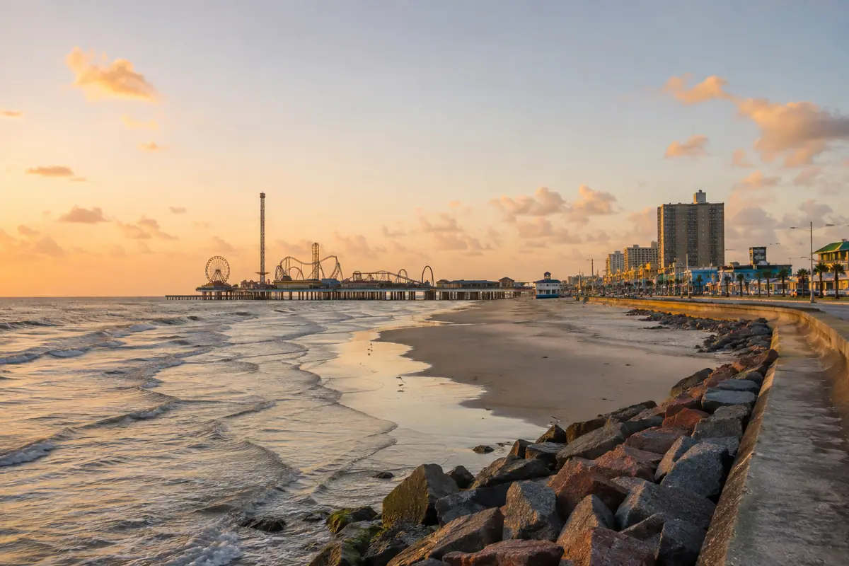 Photoreal Galveston Seawall and Gulf scene at golden hour