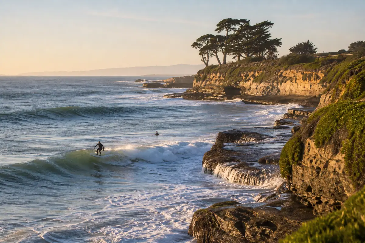 Photoreal Santa Cruz scene with surfers at Steamer Lane and the coastal cliffs