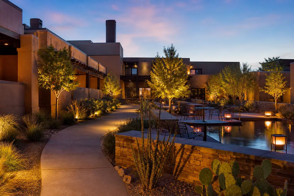 Photoreal travel-editorial view of Hotel Chaco in Albuquerque, New Mexico