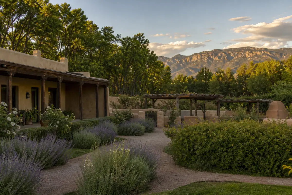 Photoreal travel-editorial view of Los Poblanos Historic Inn & Organic Farm in Albuquerque, New Mexico