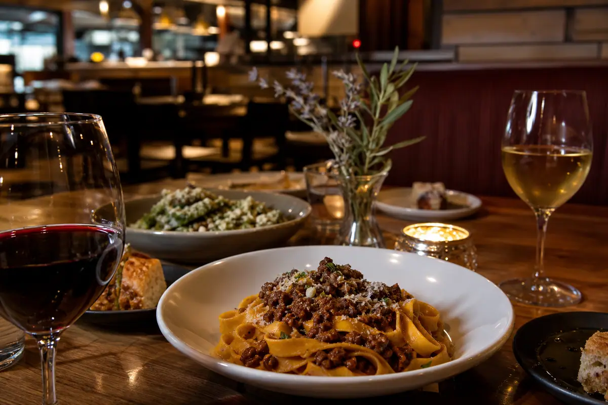 Photoreal travel-editorial view of M'tucci's Italian in Albuquerque, New Mexico