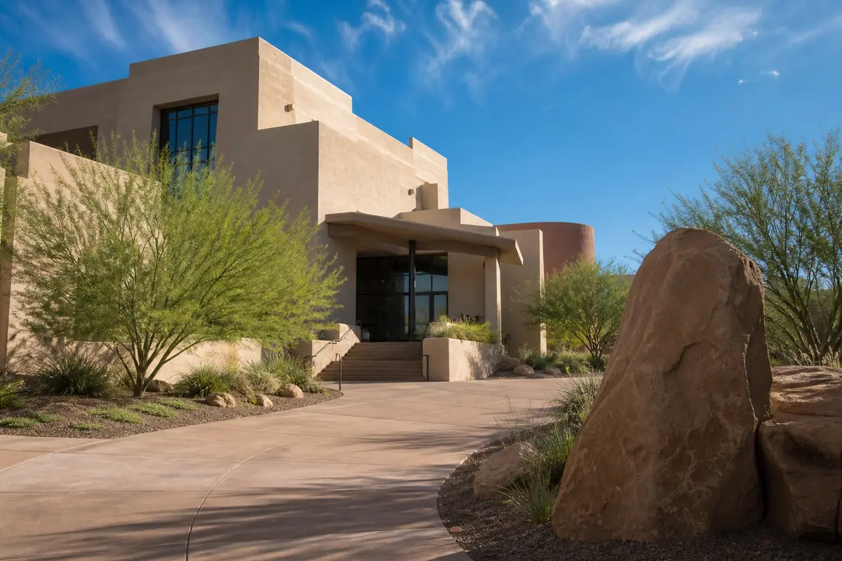Photoreal travel-editorial view of New Mexico Museum of Natural History and Science in Albuquerque, New Mexico