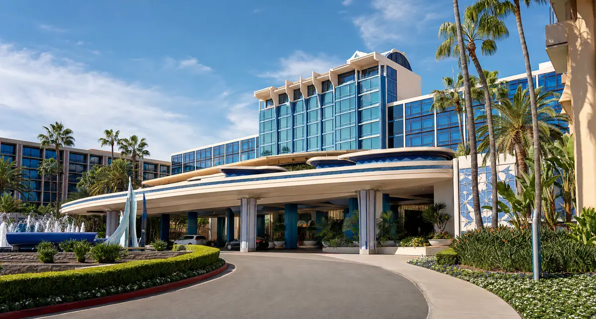 Photoreal hotel exterior representing Disneyland Hotel in Anaheim