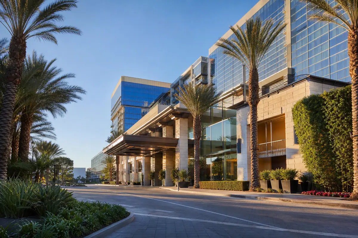 Photoreal hotel exterior representing JW Marriott, Anaheim Resort in Anaheim