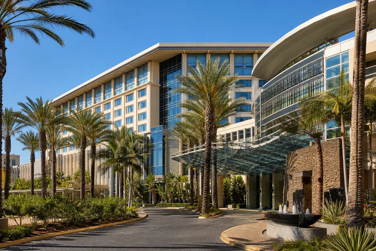 Photoreal hotel exterior representing The Westin Anaheim Resort in Anaheim