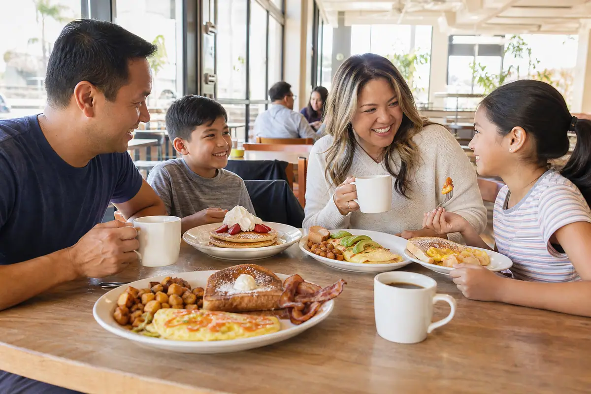 Photoreal Broken Yolk Cafe dining scene representing Anaheim restaurant atmosphere