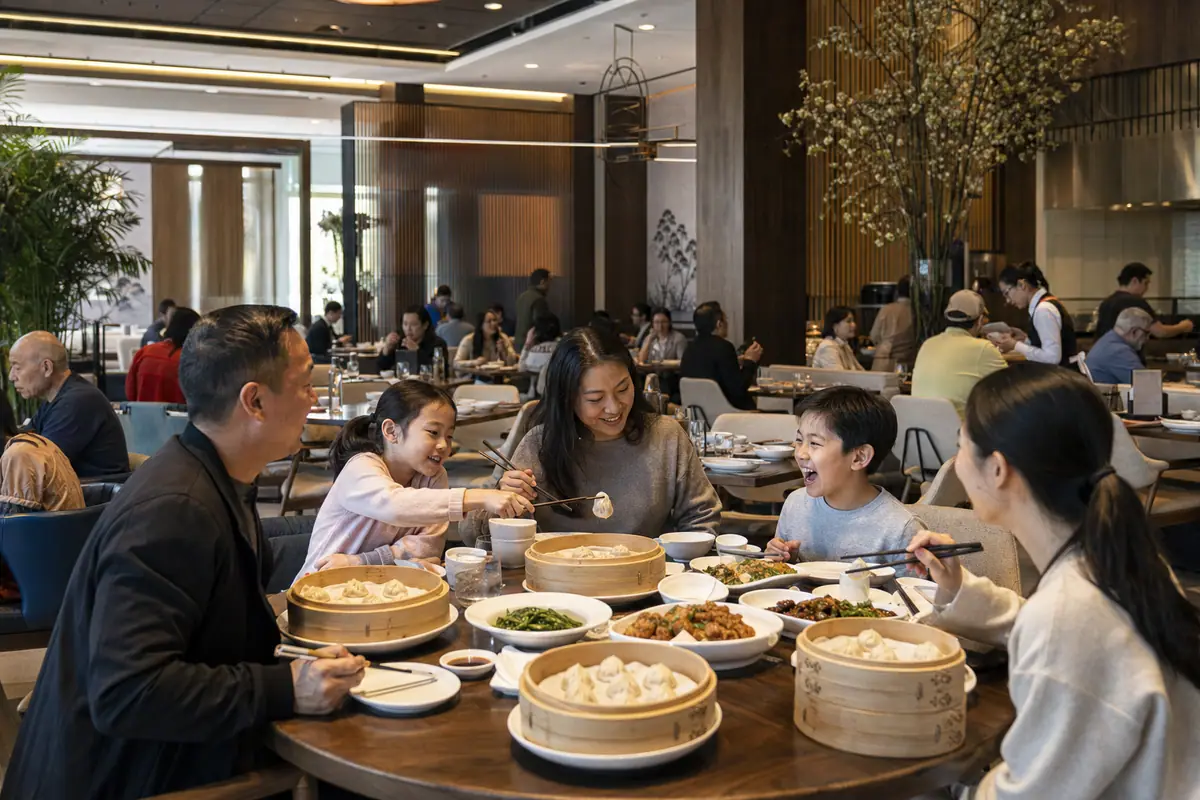 Photoreal Din Tai Fung dining scene representing Anaheim restaurant atmosphere