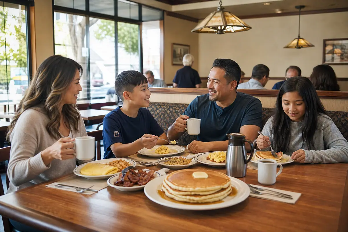 Photoreal The Original Pancake House dining scene representing Anaheim restaurant atmosphere