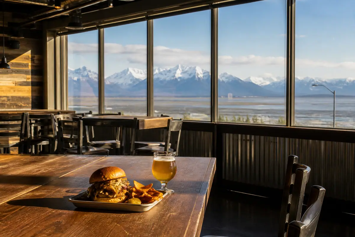 Photoreal travel-editorial view of 49th State Brewing Anchorage in Anchorage, Alaska