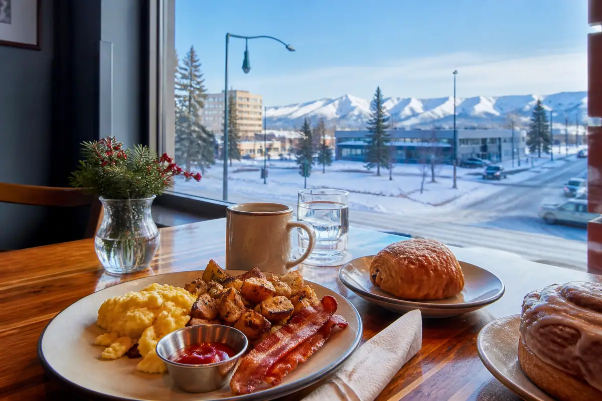 Photoreal travel-editorial view of Snow City Cafe in Anchorage, Alaska