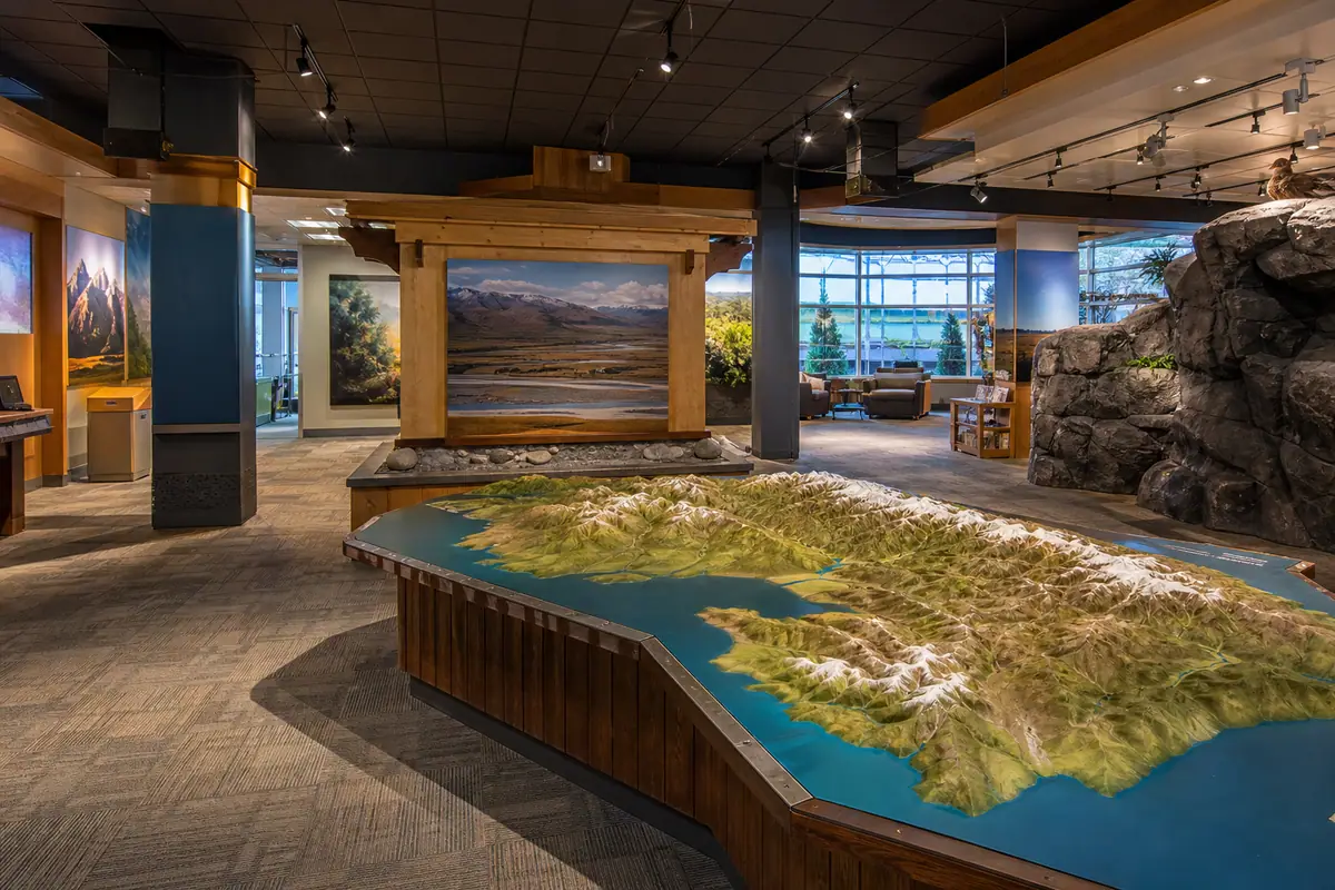 Photoreal travel-editorial view of Alaska Public Lands Information Center in Anchorage, Alaska