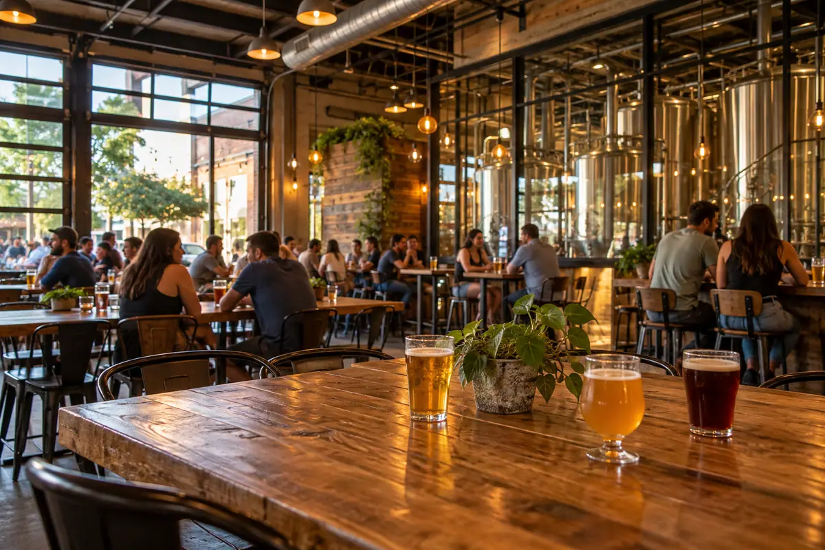 Photoreal travel-editorial view of Division Brewing in Arlington, Texas