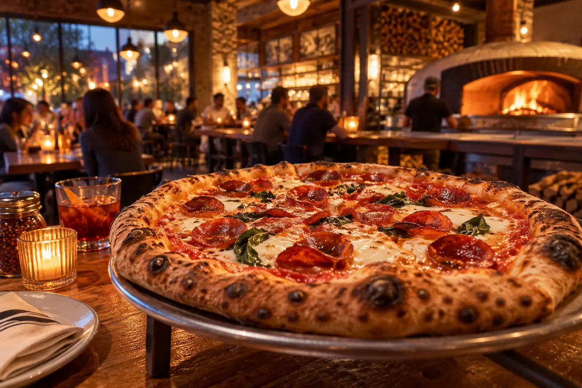 Photoreal travel-editorial view of Old School Pizza Tavern in Arlington, Texas