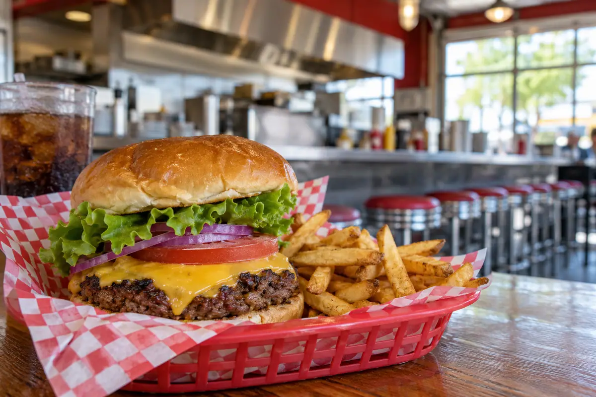 Photoreal travel-editorial view of Tom's Burgers & Grill in Arlington, Texas