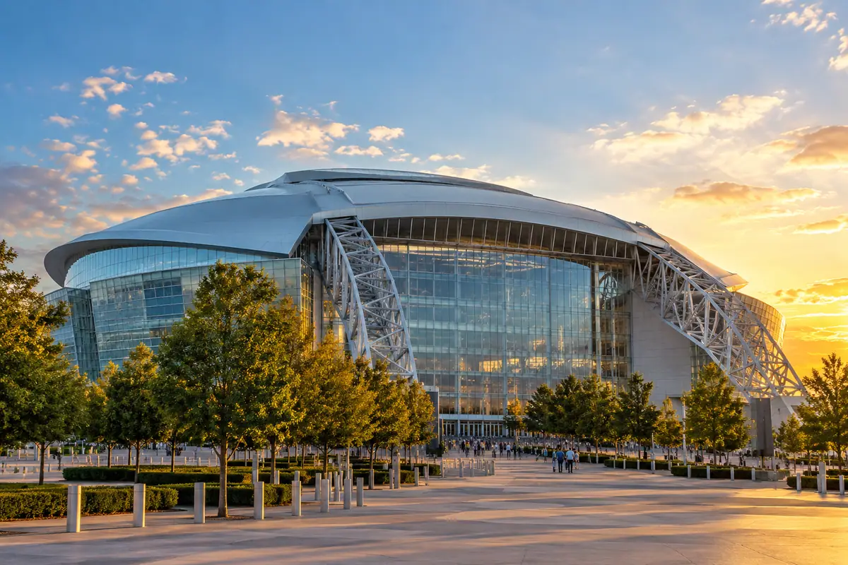 Photoreal travel-editorial view of AT&T Stadium in Arlington, Texas