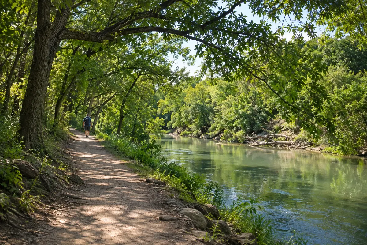 Photoreal travel-editorial view of River Legacy Parks in Arlington, Texas