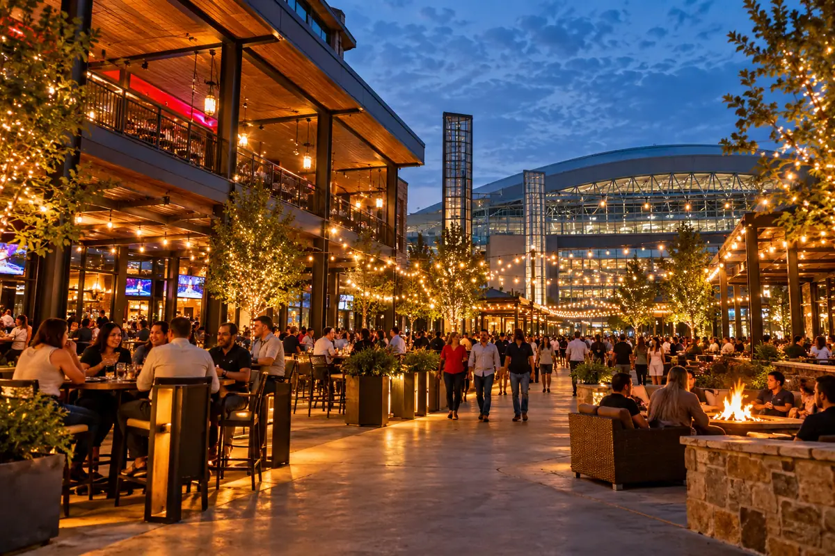 Photoreal travel-editorial view of Texas Live! in Arlington, Texas