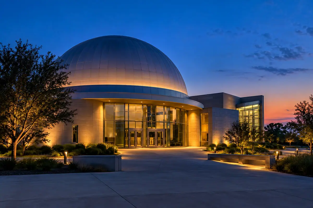 Photoreal travel-editorial view of UTA Planetarium in Arlington, Texas