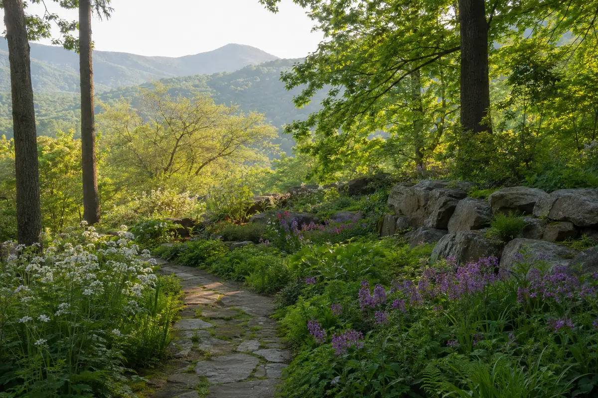 Photoreal native woodland path at Asheville Botanical Garden