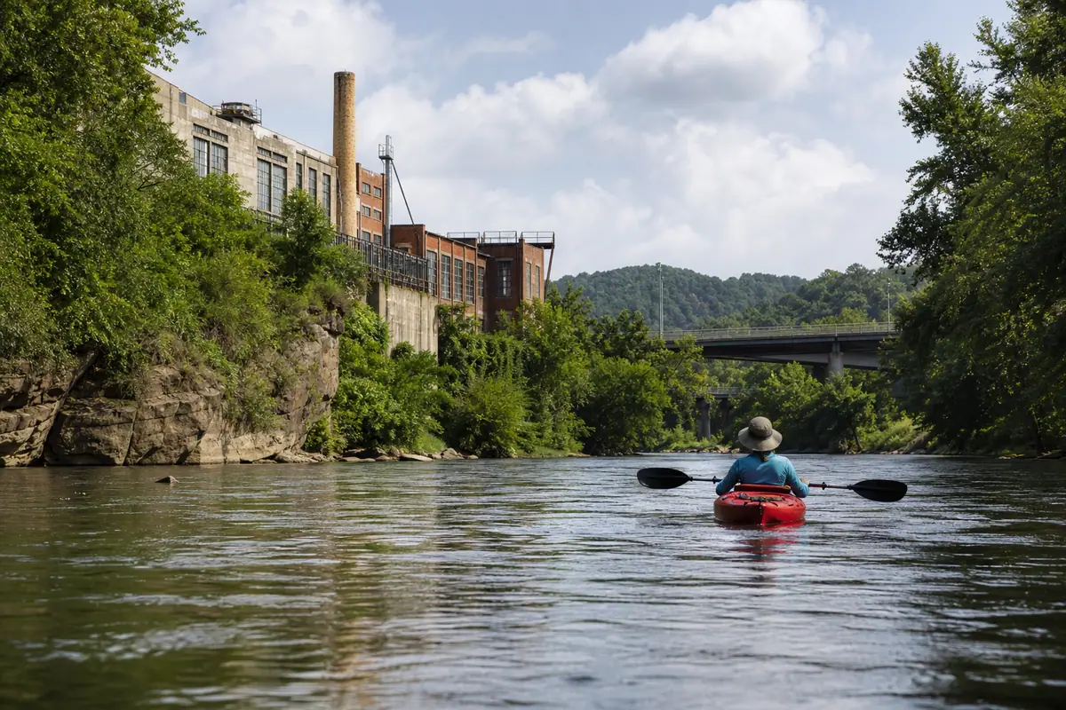 Photoreal view of French Broad River paddle in Asheville